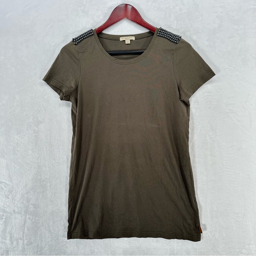 Burberry Brit Shirt Womens Small Gray Green Beaded Shoulders Epaulette Cotton